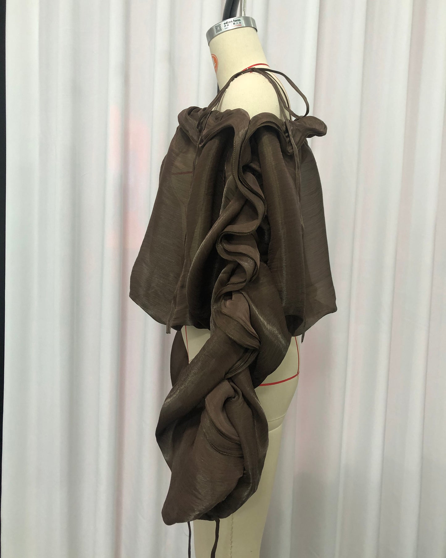 Coffee Off-Shoulder Ruched Puff Sleeve Cropped Top