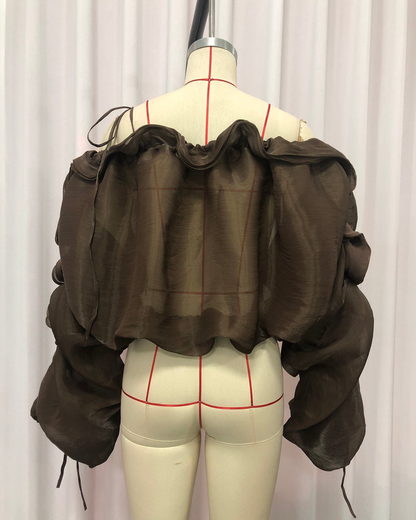 Coffee Off-Shoulder Ruched Puff Sleeve Cropped Top