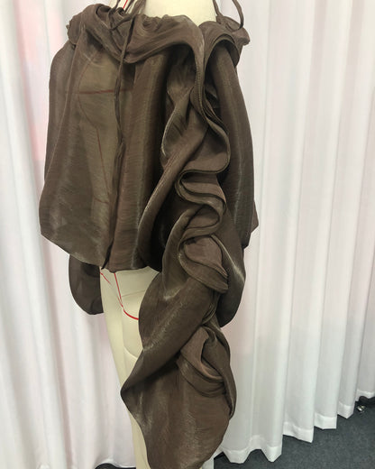 Coffee Off-Shoulder Ruched Puff Sleeve Cropped Top