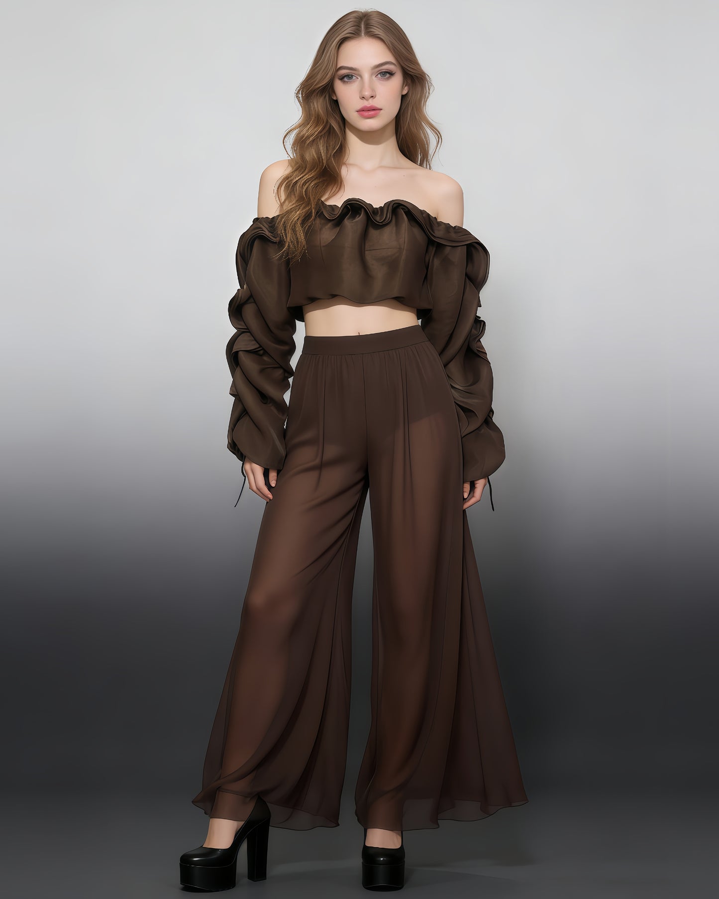 Coffee Off-Shoulder Ruched Puff Sleeve Cropped Top