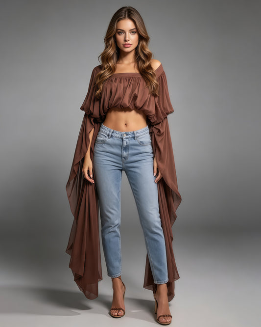 Coffee Off Shoulder Puff Sleeves Cropped Blouse