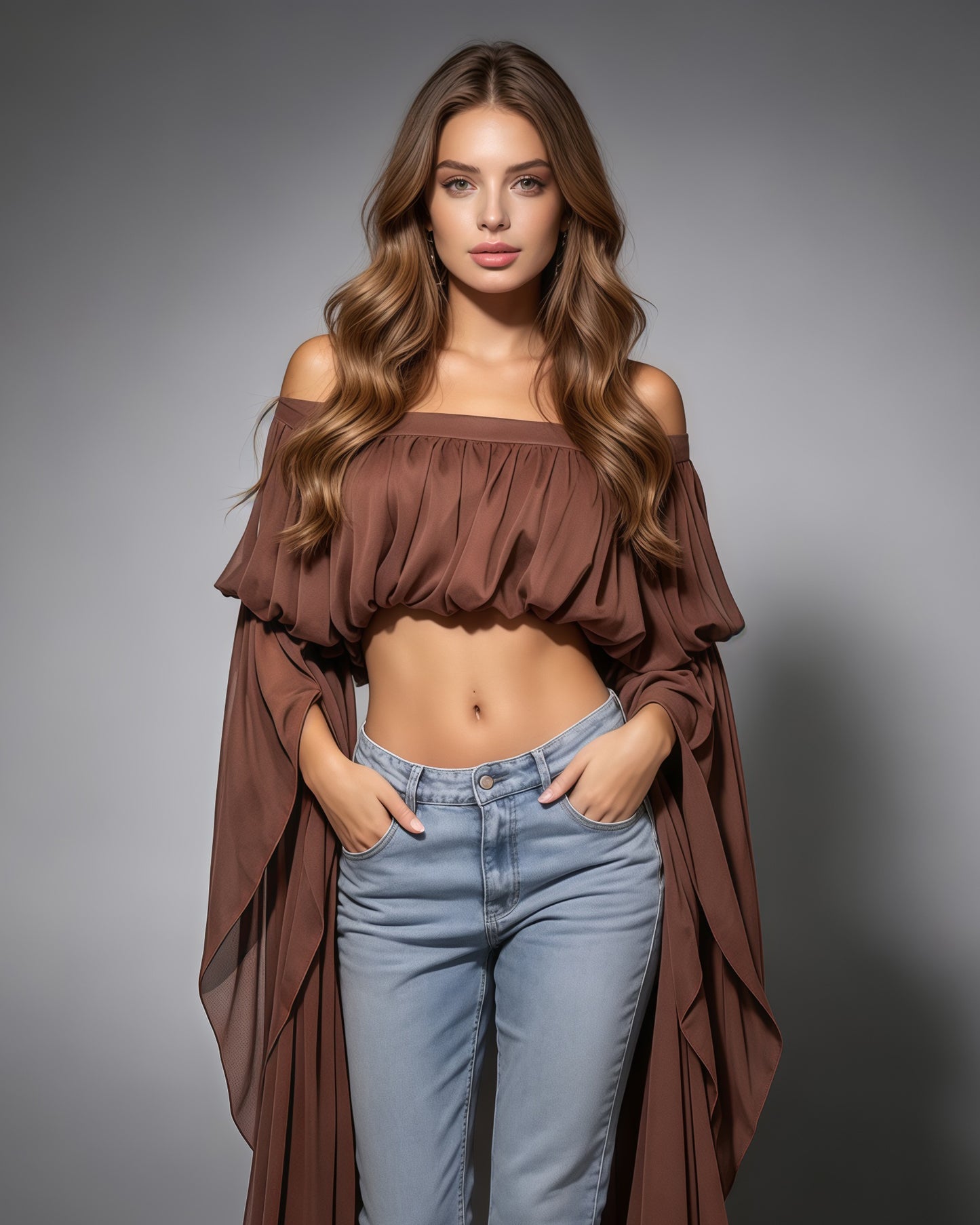 Coffee Off Shoulder Puff Sleeves Cropped Blouse