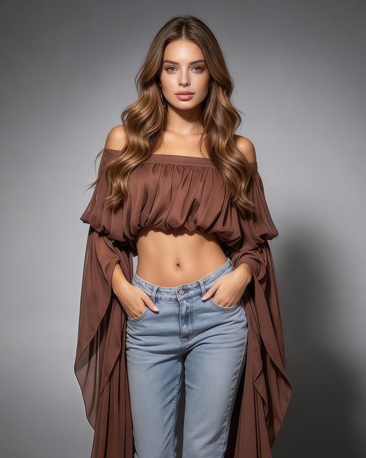 Coffee Off Shoulder Puff Sleeves Cropped Blouse