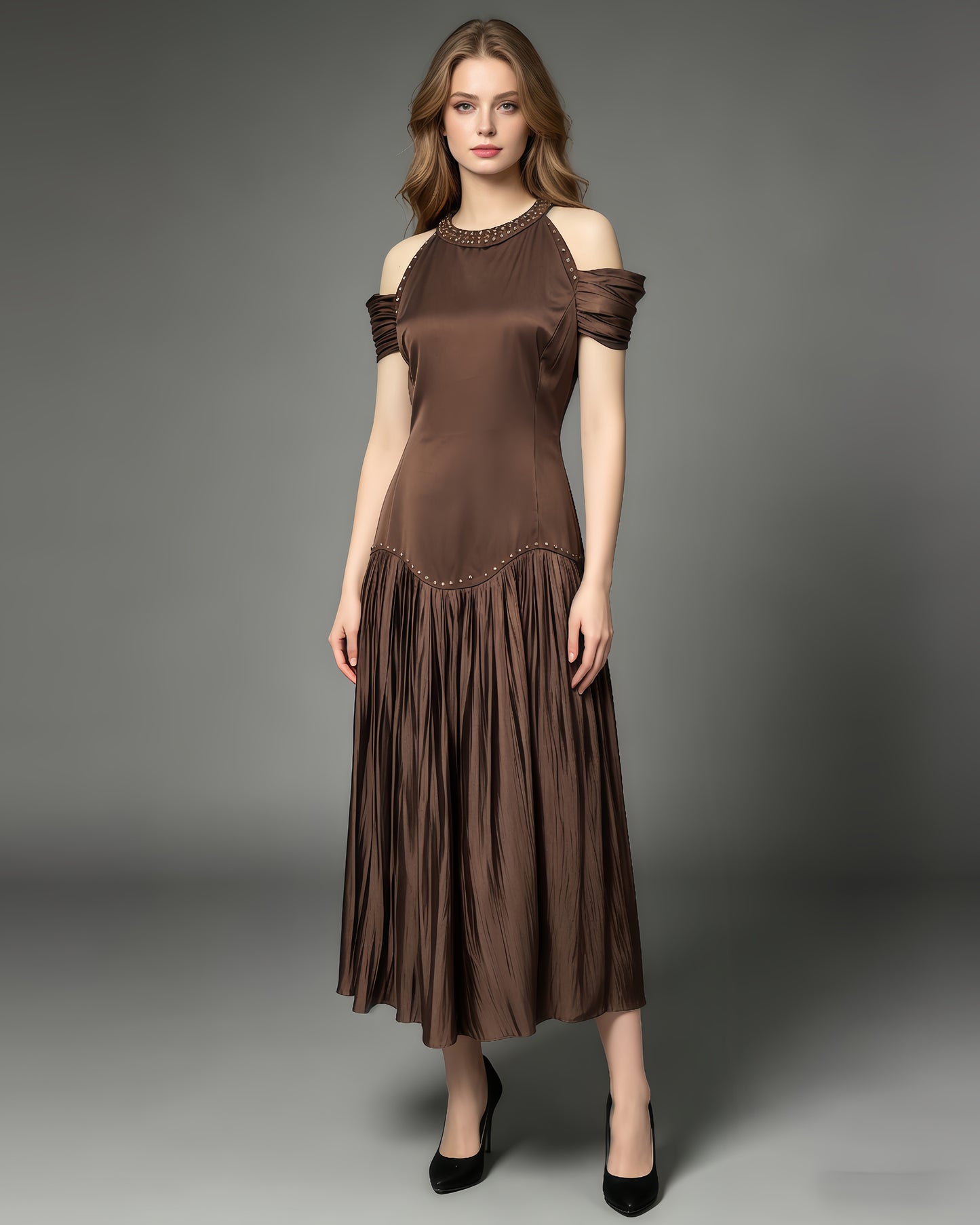 Coffee Off Shoulder Ruched Solid Midi Dress
