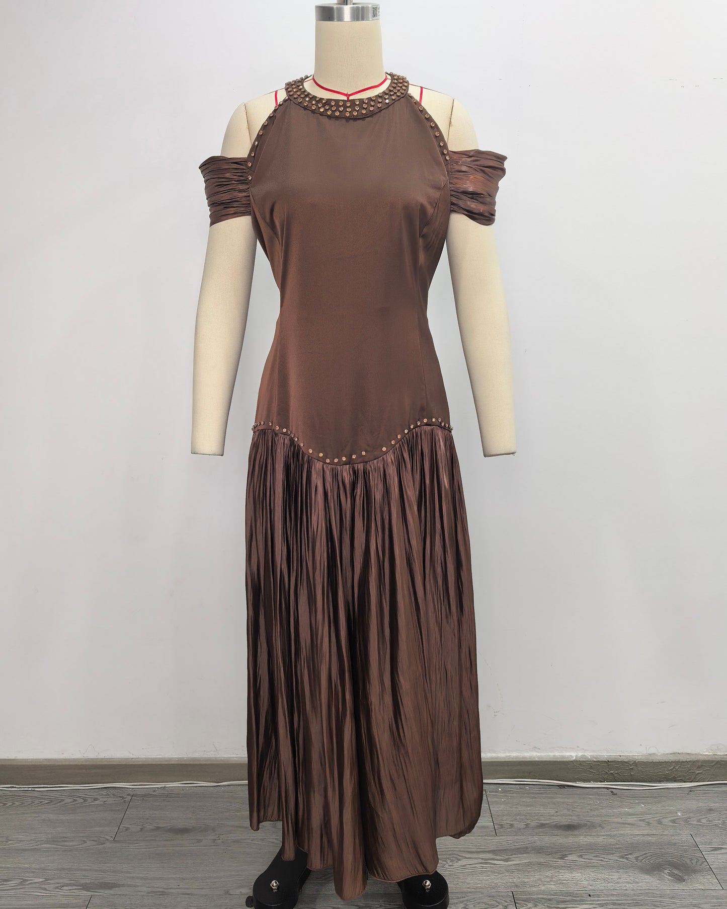 Coffee Off Shoulder Ruched Solid Midi Dress