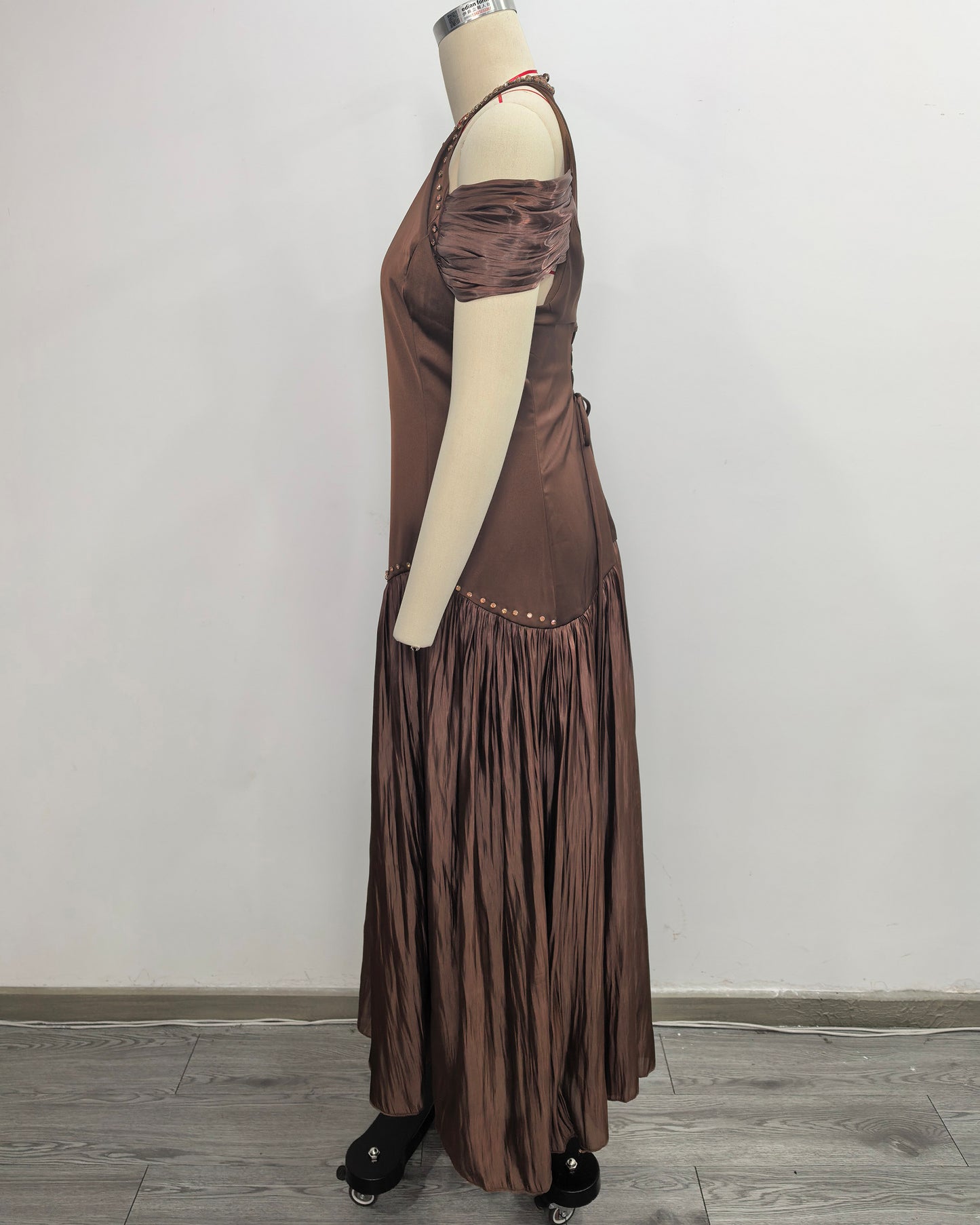 Coffee Off Shoulder Ruched Solid Midi Dress