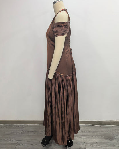 Coffee Off Shoulder Ruched Solid Midi Dress