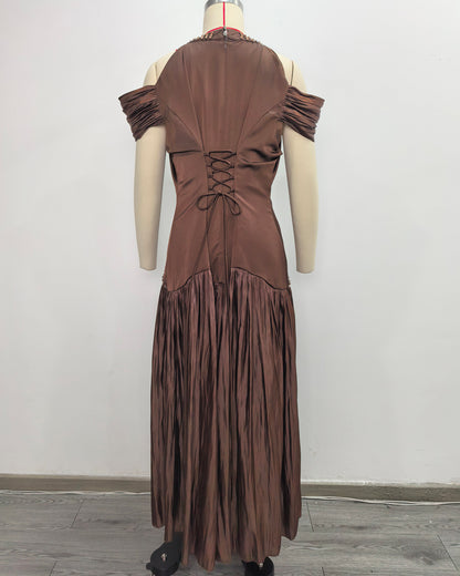 Coffee Off Shoulder Ruched Solid Midi Dress