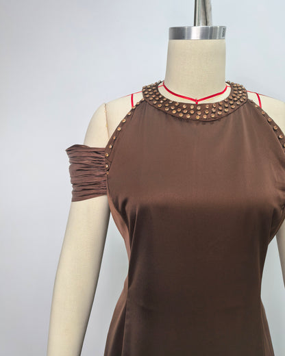 Coffee Off Shoulder Ruched Solid Midi Dress