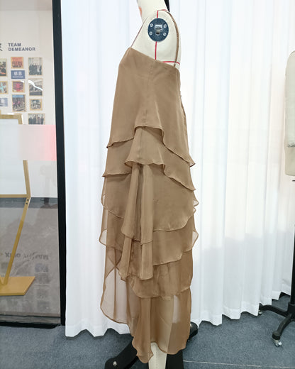 Coffee Off Shoulder Ruffle Asymmetrical Maxi Dress