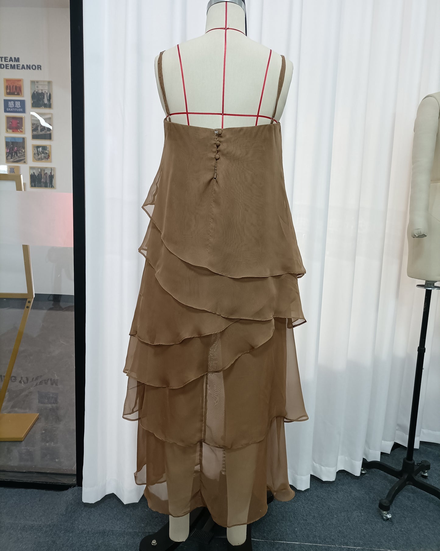 Coffee Off Shoulder Ruffle Asymmetrical Maxi Dress