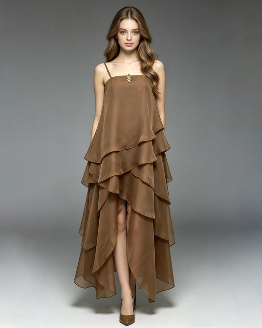 Coffee Off Shoulder Ruffle Asymmetrical Maxi Dress