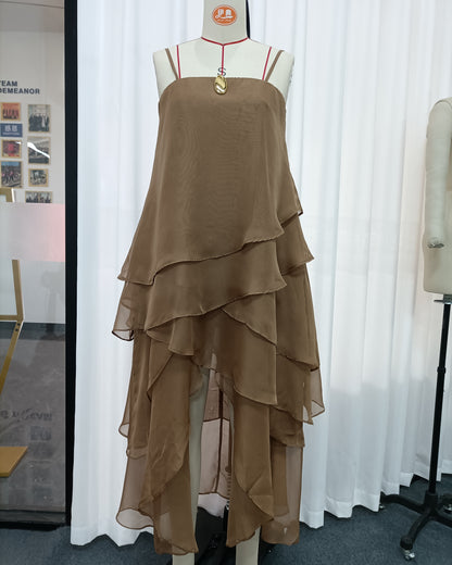 Coffee Off Shoulder Ruffle Asymmetrical Maxi Dress