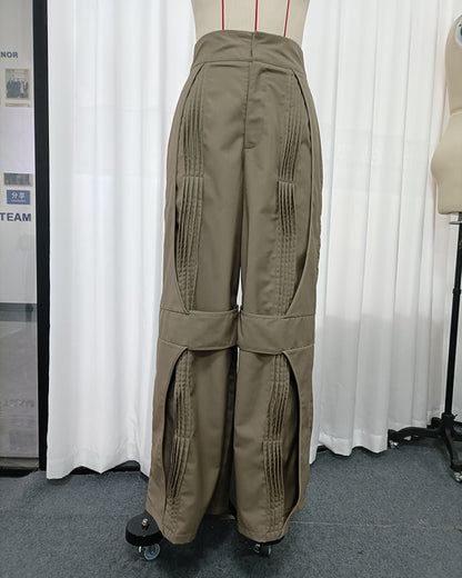 Coffee Pleated Design Wide Leg Pants