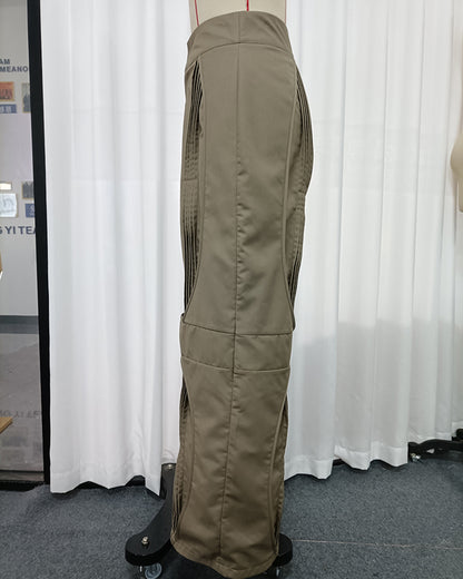 Coffee Pleated Design Wide Leg Pants