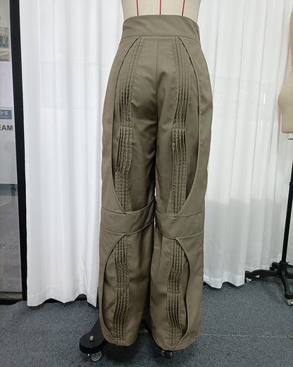 Coffee Pleated Design Wide Leg Pants