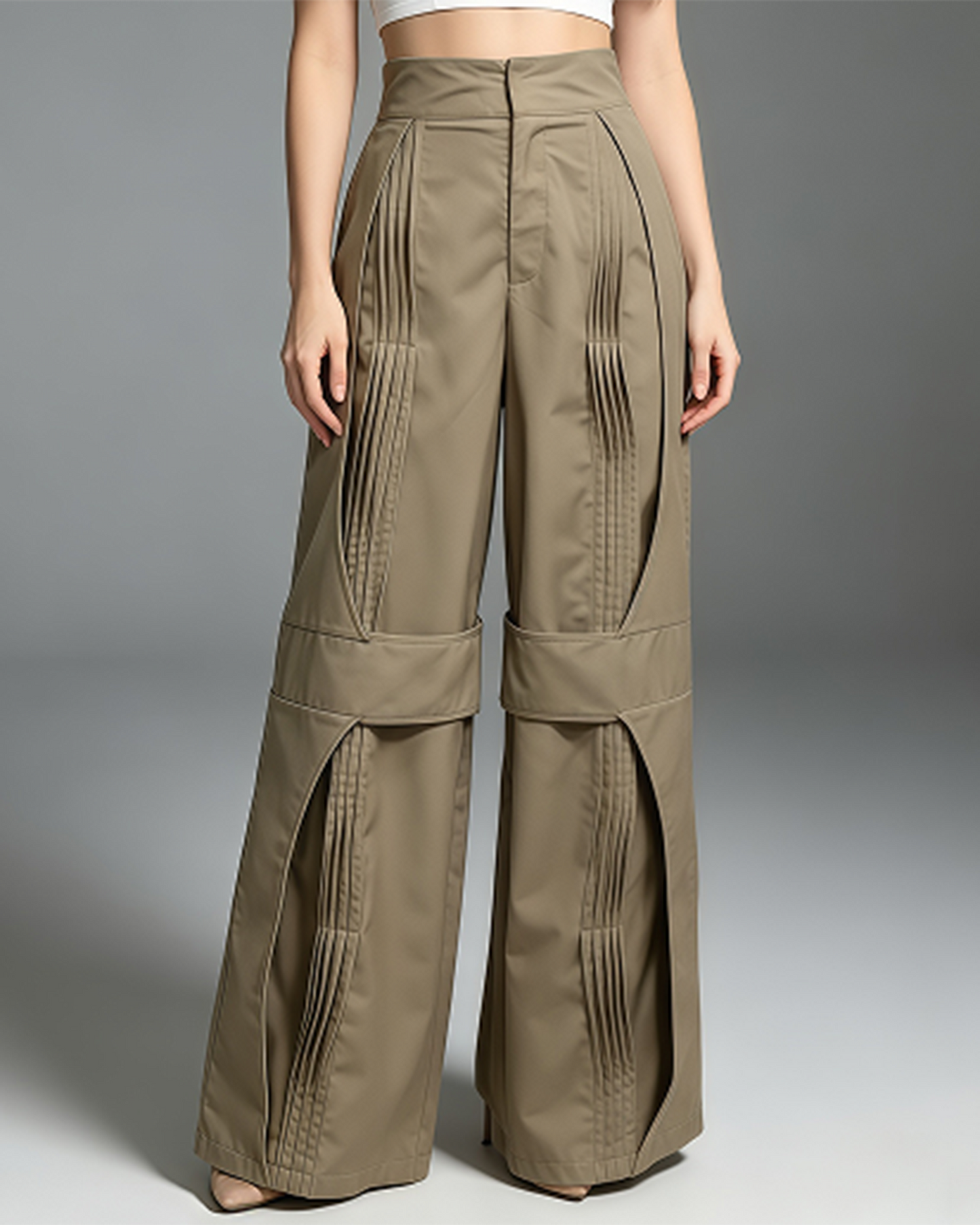 Coffee Pleated Design Wide Leg Pants