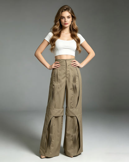 Coffee Pleated Design Wide Leg Pants