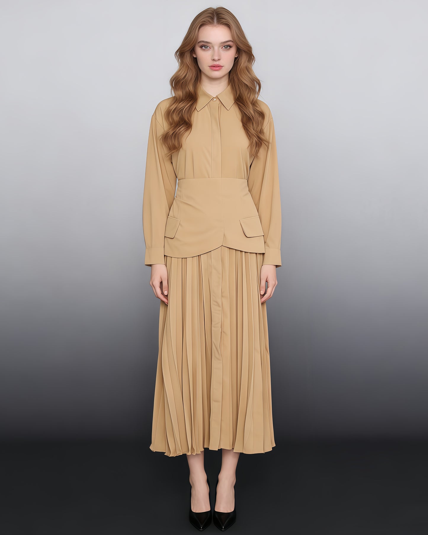 Coffee Pleated Midi Shirt Dress with Built-In Waist