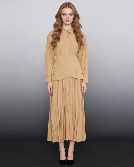 Coffee Pleated Midi Shirt Dress with Built-In Waist