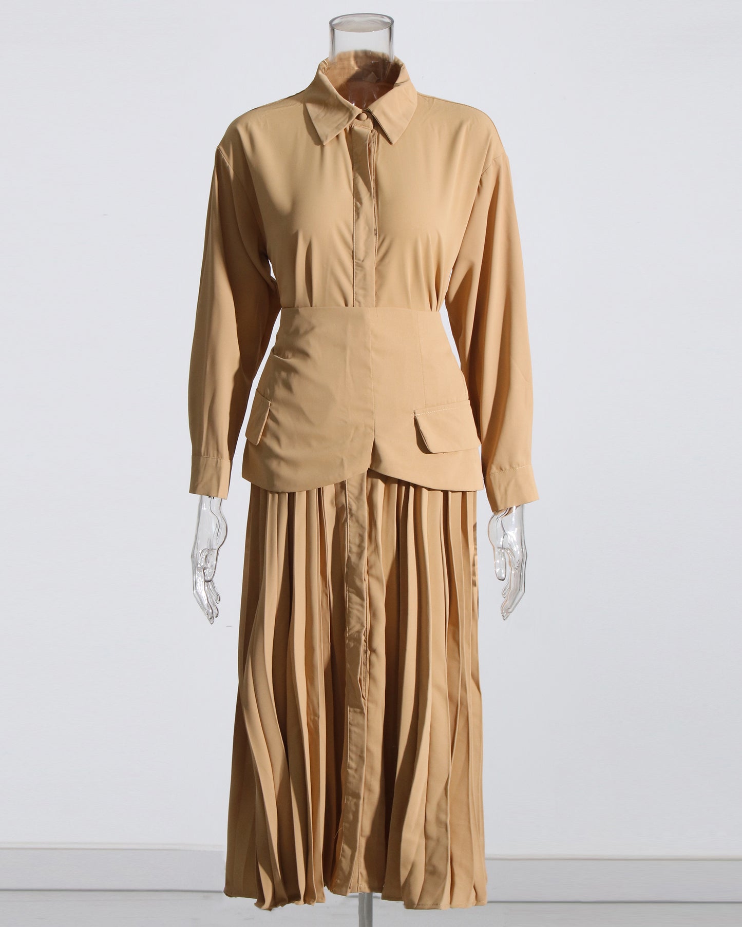 Coffee Pleated Midi Shirt Dress with Built-In Waist