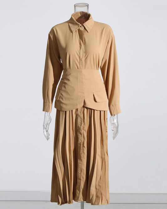 Coffee Pleated Midi Shirt Dress with Built-In Waist