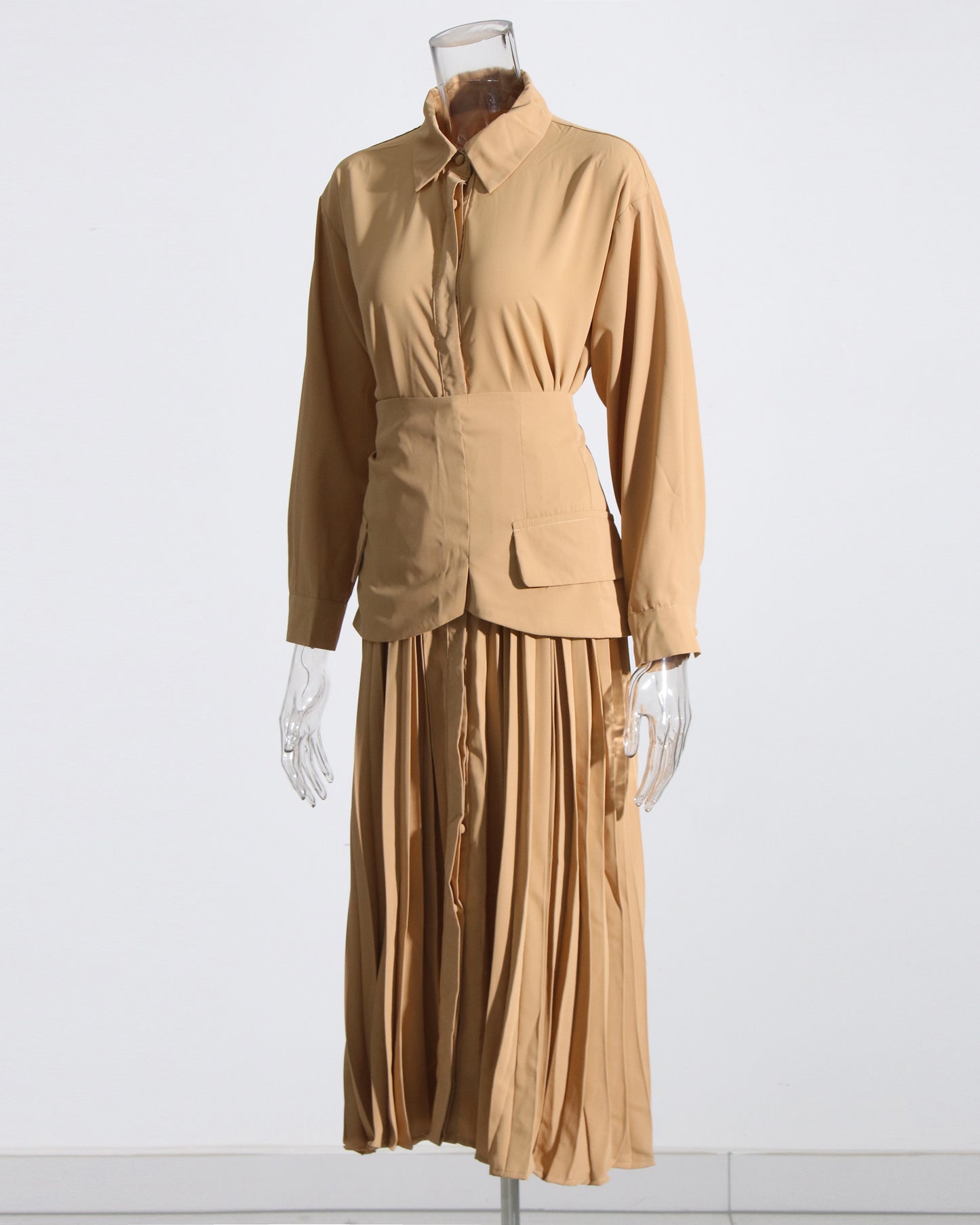 Coffee Pleated Midi Shirt Dress with Built-In Waist