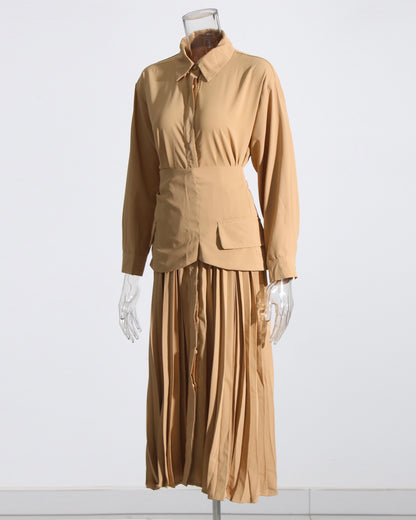 Coffee Pleated Midi Shirt Dress with Built-In Waist