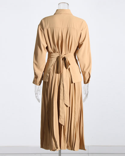 Coffee Pleated Midi Shirt Dress with Built-In Waist