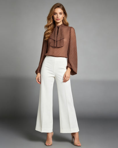Coffee Polka Dot Bow Tie Neck Bodysuit Jumpsuit