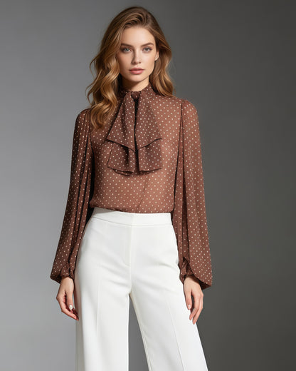 Coffee Polka Dot Bow Tie Neck Bodysuit Jumpsuit