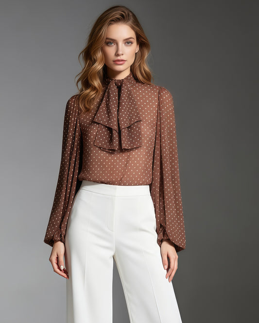 Coffee Polka Dot Bow Tie Neck Bodysuit Jumpsuit