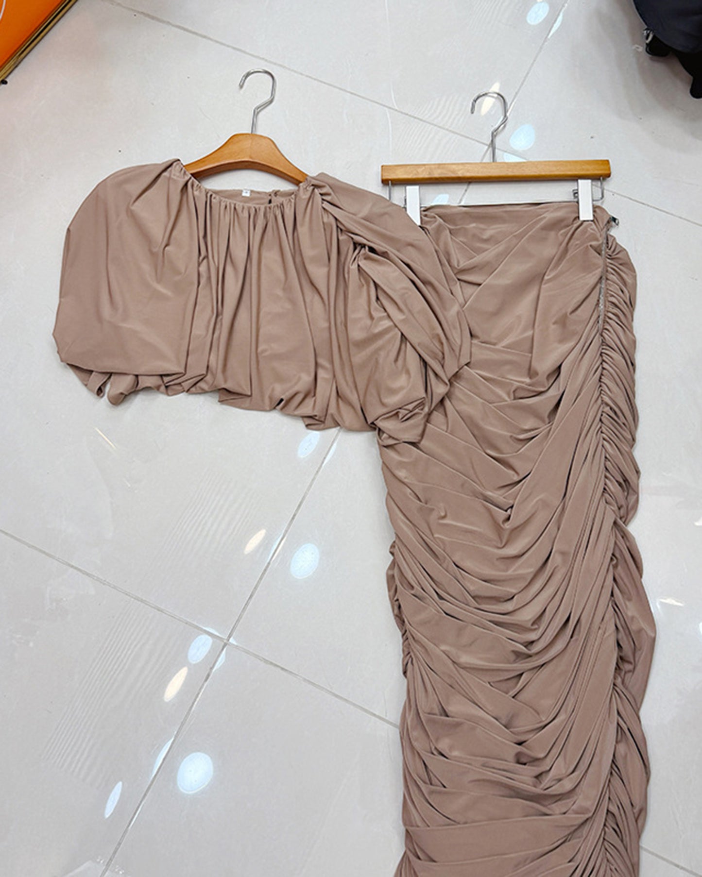 Coffee Puff Sleeve Ruched 2-Piece Set