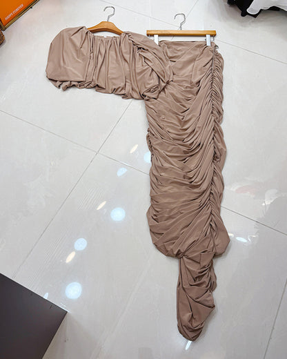 Coffee Puff Sleeve Ruched 2-Piece Set