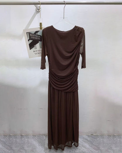 Coffee Round Neck Half Sleeve Maxi Dress