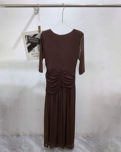 Coffee Round Neck Half Sleeve Maxi Dress