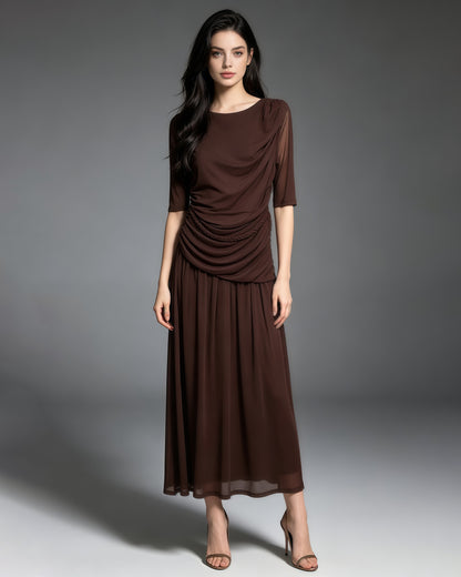 Coffee Round Neck Half Sleeve Maxi Dress