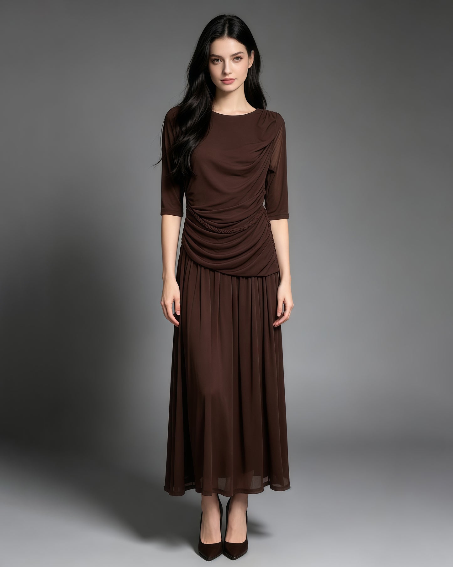 Coffee Round Neck Half Sleeve Maxi Dress