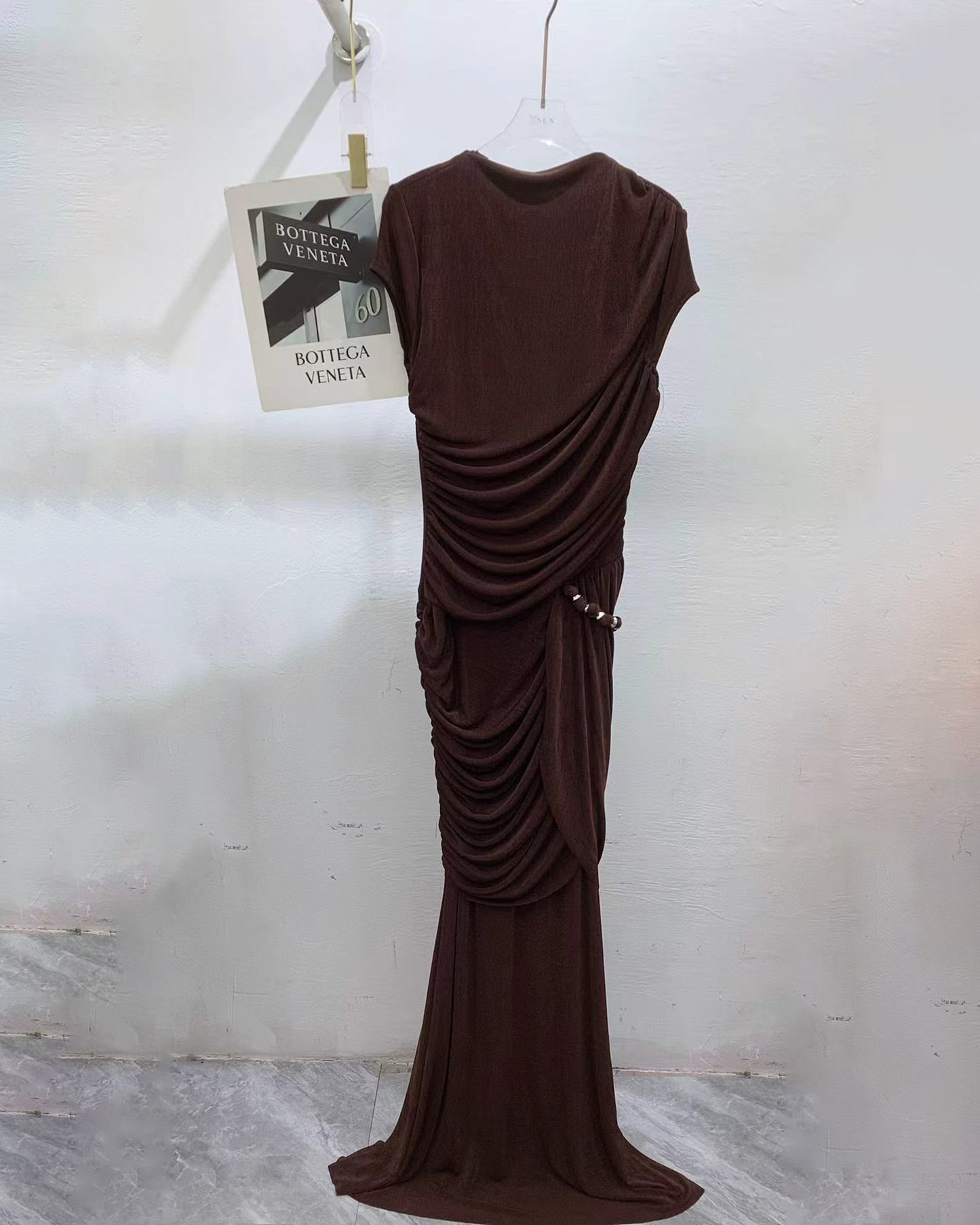 Coffee Round Neck Ruched Woven Dress