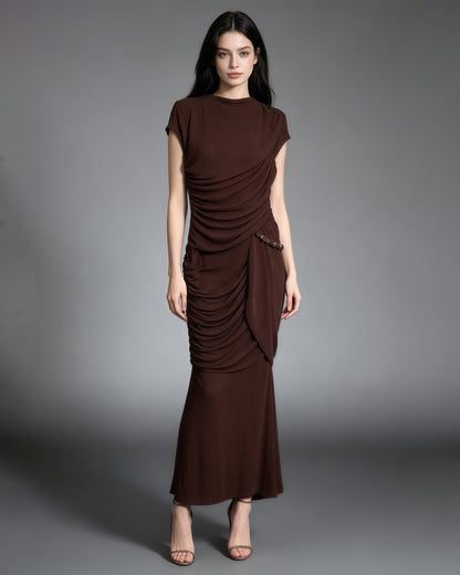 Coffee Round Neck Ruched Woven Dress
