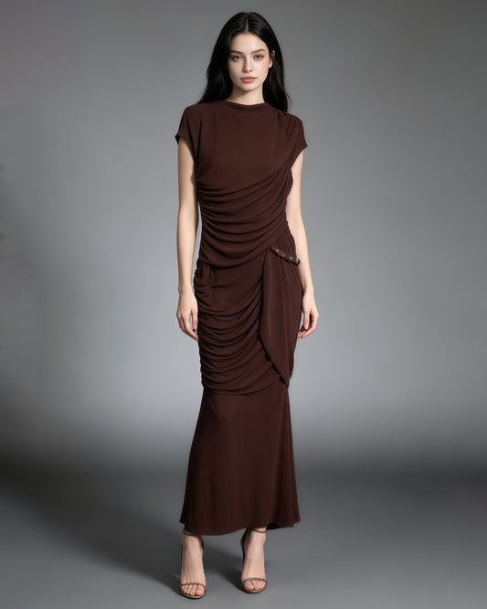 Coffee Round Neck Ruched Woven Dress