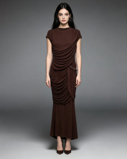 Coffee Round Neck Ruched Woven Dress