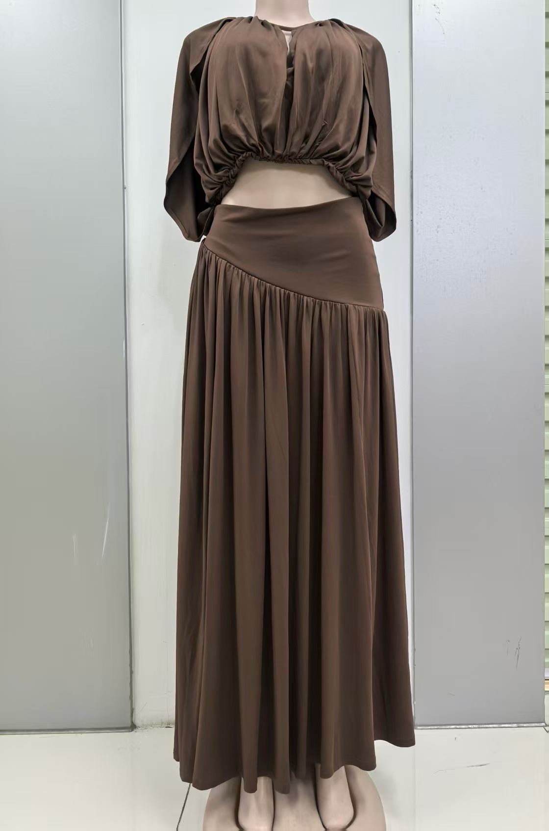 Coffee Ruched Crop Top Flowy Maxi Skirt Set