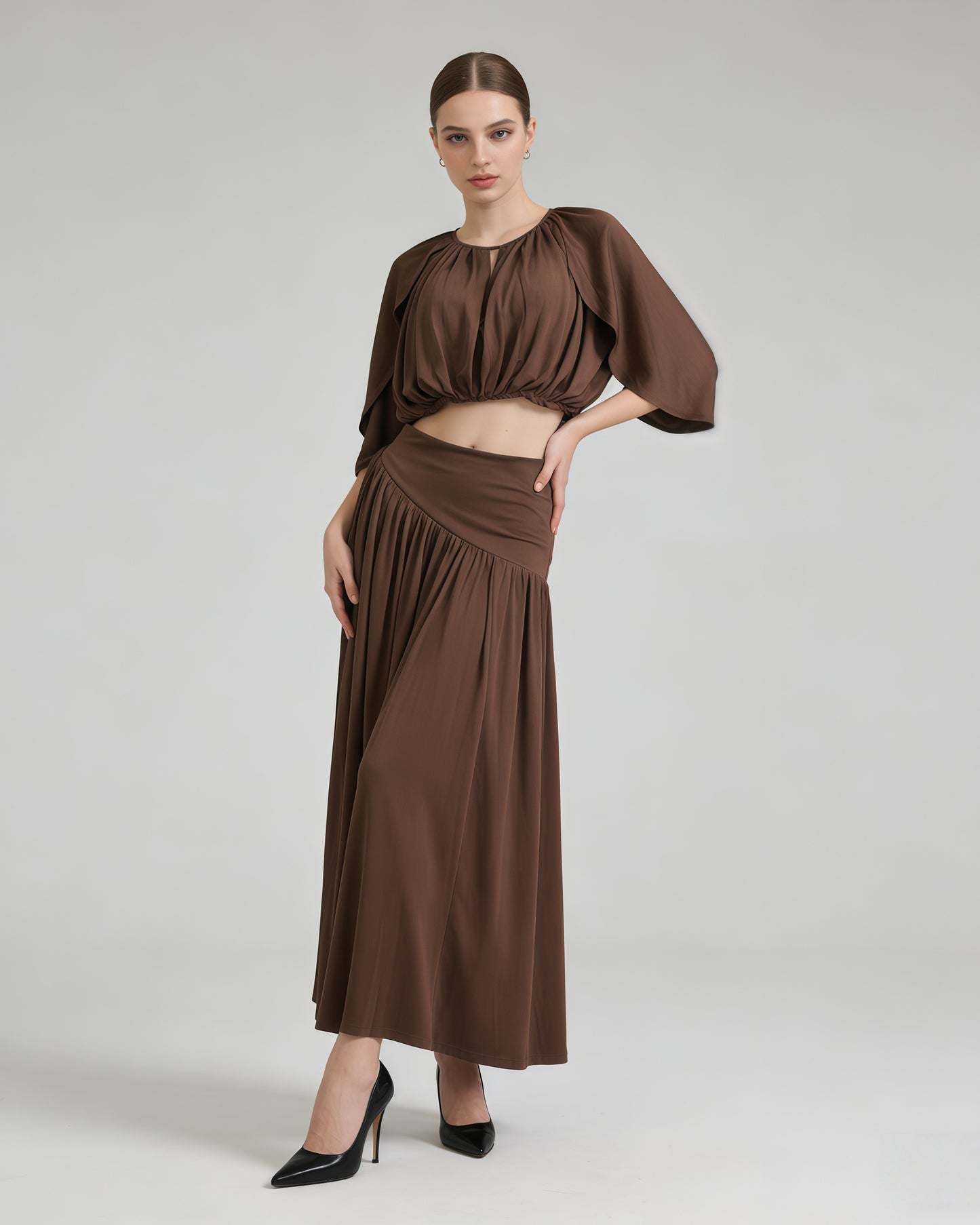 Coffee Ruched Crop Top Flowy Maxi Skirt Set