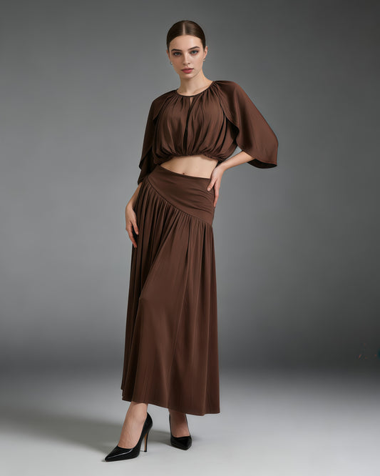 Coffee Ruched Crop Top Flowy Maxi Skirt Set