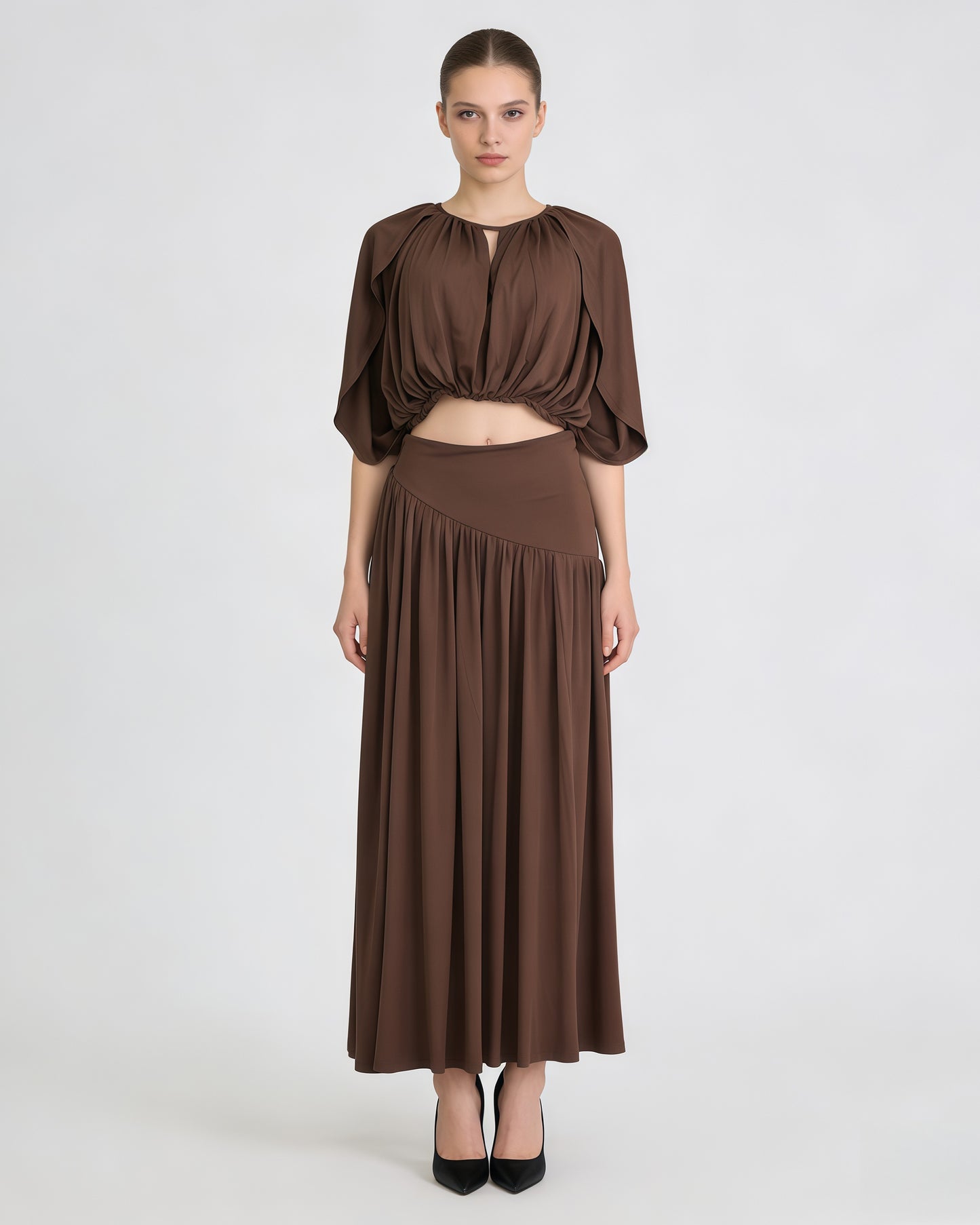 Coffee Ruched Crop Top Flowy Maxi Skirt Set