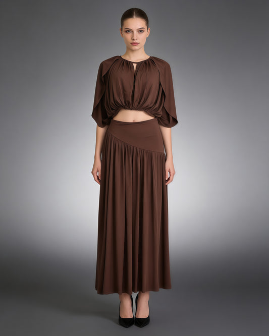Coffee Ruched Crop Top Flowy Maxi Skirt Set