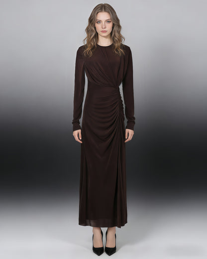 Coffee Ruched Long-Sleeve Maxi Dress