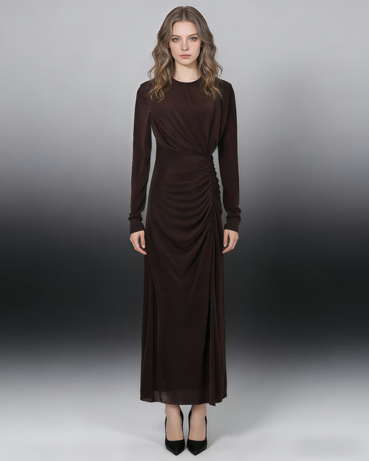 Coffee Ruched Long-Sleeve Maxi Dress