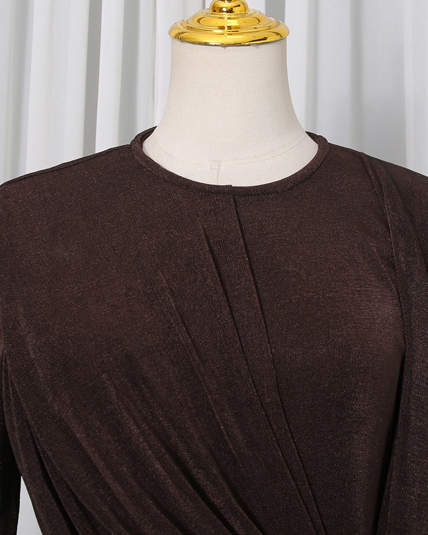 Coffee Ruched Long-Sleeve Maxi Dress